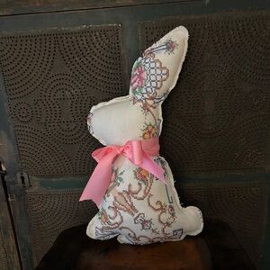 Handmade from Vintage Textiles large Stuffed EMBROIDERED Rabbit 15" tall
